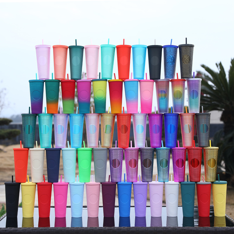 Factory direct supply custom double-layer plastic straw cup, large capacity with logo, Starbar durian cup, prickly fashionable water cup full figure