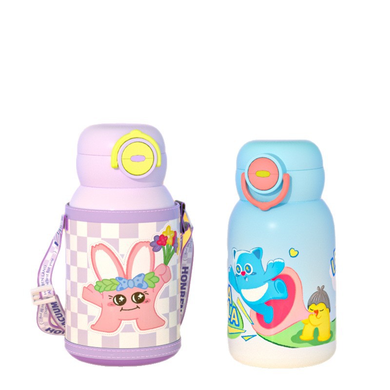 Creative cartoon children's insulated cup, 316 stainless steel, high appearance level, large capacity portable straw water cup with shoulder strap Item Picture