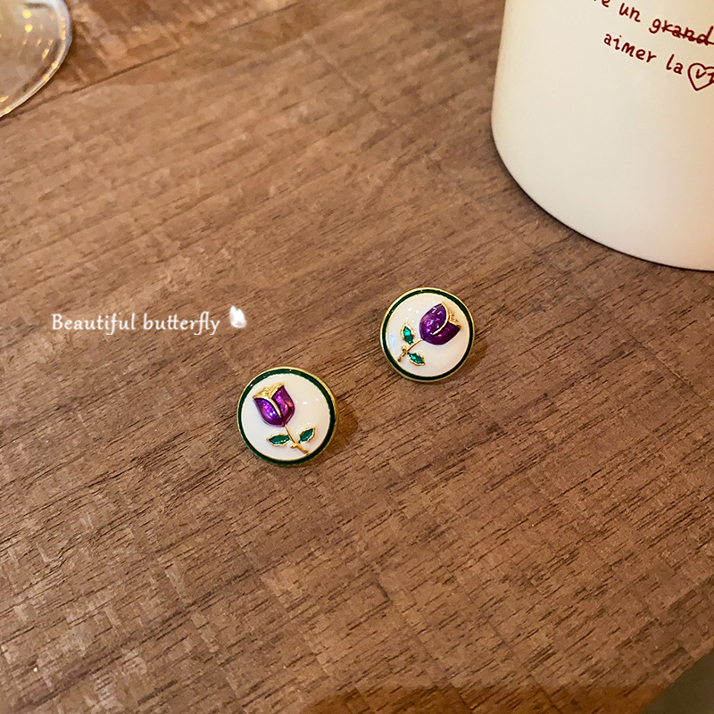 Retro glazed rose stud earrings for women, 2025 new style, light luxury, high-end and elegant earrings, fashionable Chinese style earrings Specification drawing
