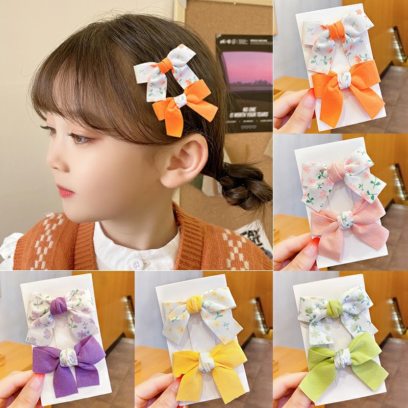 2-piece set of children's floral bow hair clips, Korean-style broken hair for kids with bangs and duckbill clips for girls, cute side clips for girls full figure