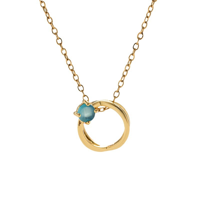 A genuine gold electroplated blue cat's eye stone double-ring interlaced necklace for women, a simple round pendant with a high-end feel, titanium steel collarbone Item Picture