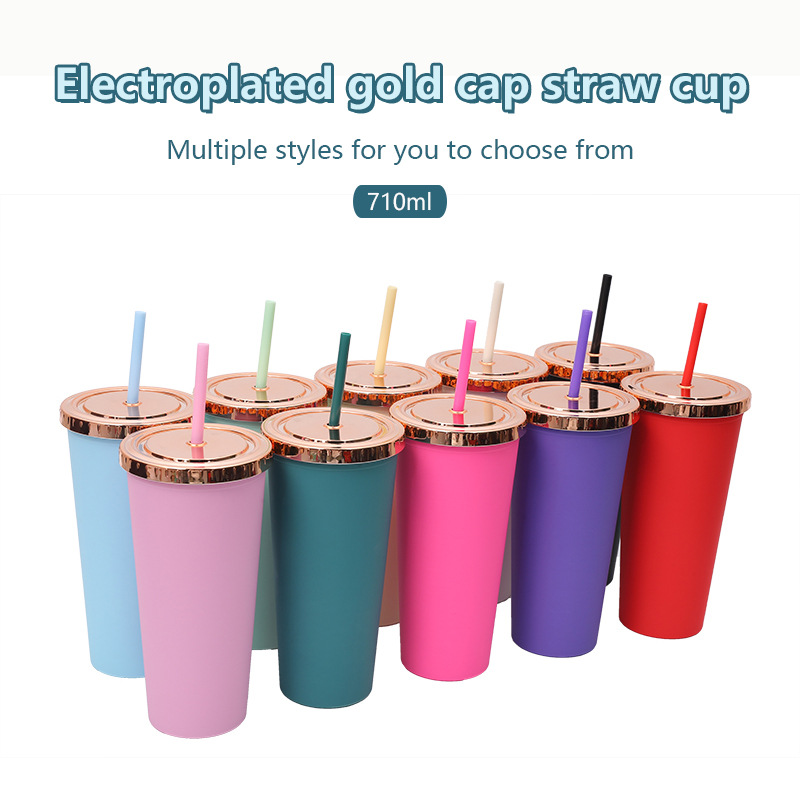 Cross-border Amazon factory direct supply double-layer plastic cups, rose gold lid straw cups, simple solid-color plastic water cups details Picture