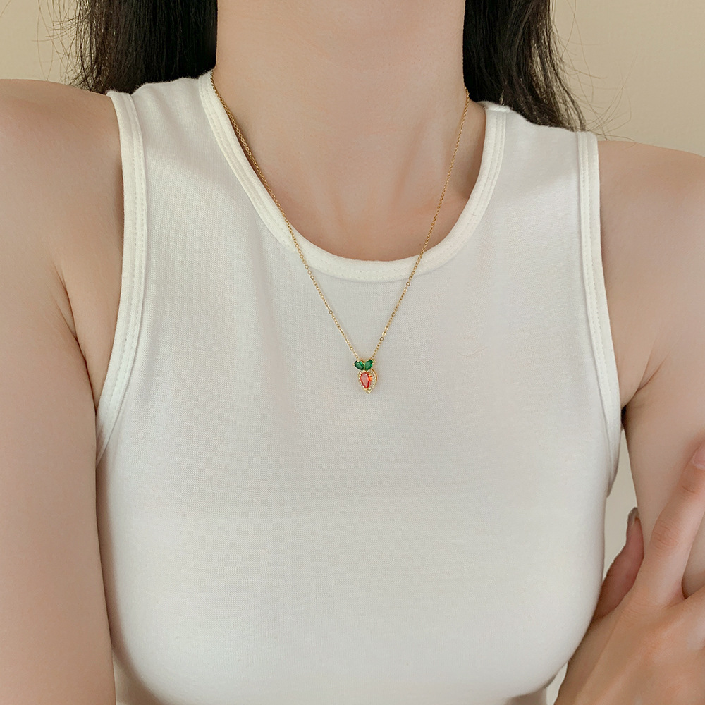 Korean InS-style cute little carrot pendant titanium steel necklace, women's colorful high-end exquisite zircon collarbone chain Specification drawing