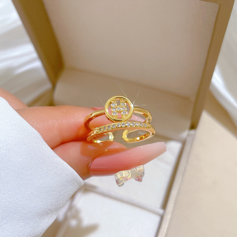 【 Real Gold 】 Light luxury and fashionable zircon ring with adjustable opening, simple jewelry, Japanese-style ring couple rings details Picture