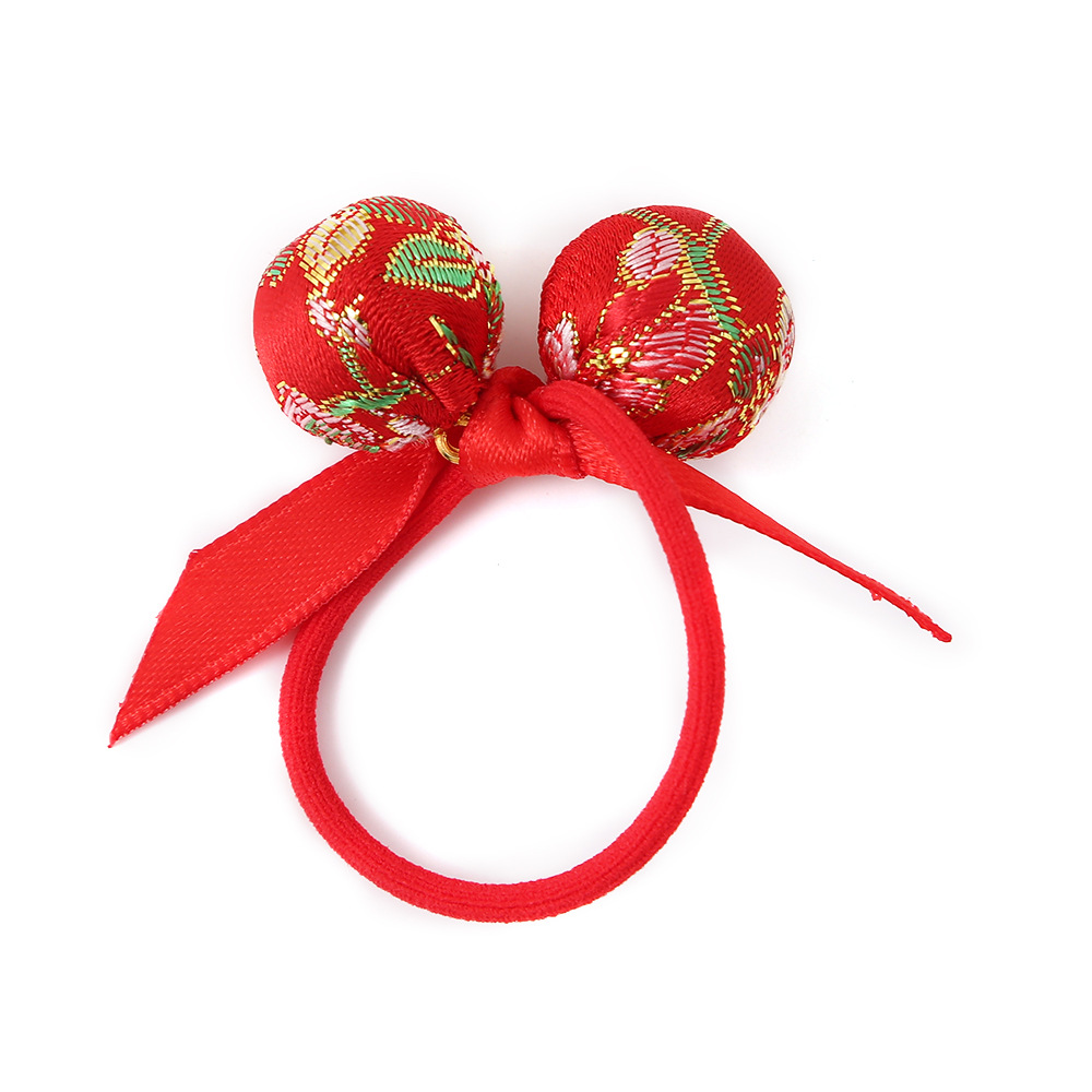 Wholesale red New Year satin lace matching children and girls' hair bands, Chinese-style hair ties, and festive bun hair ties Item Picture
