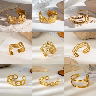 Cross-border 18k gold-plated stainless steel bracelet, geometric and personalized wristband jewelry, simple wide leaf bracelet wholesale thumbnail