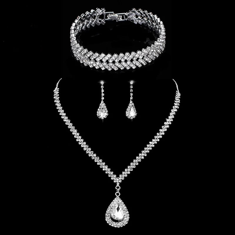 European and American high-end full-diamond teardrop bridal set, necklace, earrings, bracelet, three-piece wedding dress and accessories N6260 full figure
