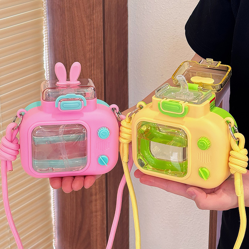 Children's dopamine water cup, Rabbit high appearance level straw cup, plastic portable outdoor diagonal cross girls' summer cup full figure