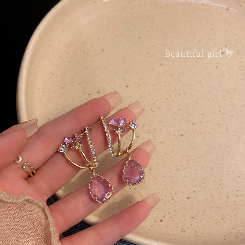 French retro purple diamond-encrusted butterfly earrings, a new trendy and high-end women's fashion accessory, are available for wholesale full figure