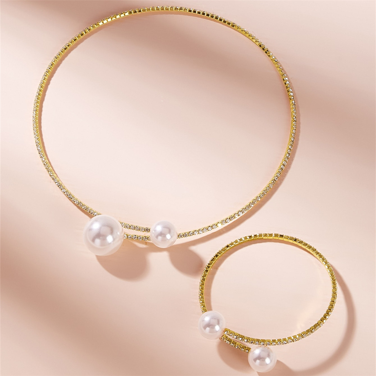 European and American fashionable, shiny rhinestone and pearl necklace, adjustable opening bracelet, bridal set accessory N4868 details Picture