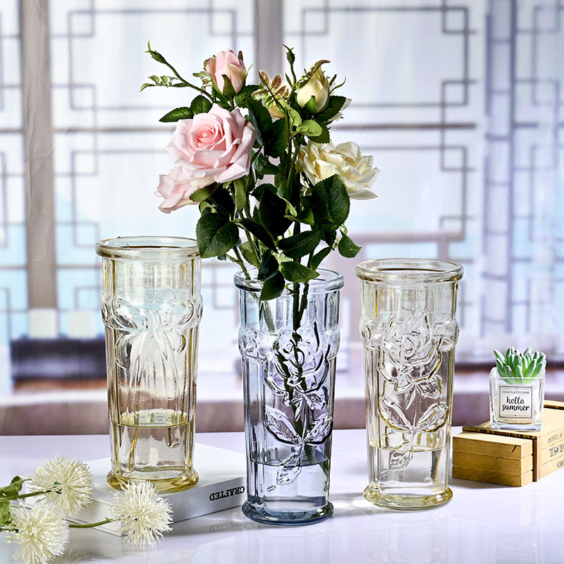 Nordic glass vase, simple relief hydroponic vase, flower arrangement, lucky bamboo, creative glass bottle decoration for home decoration full figure