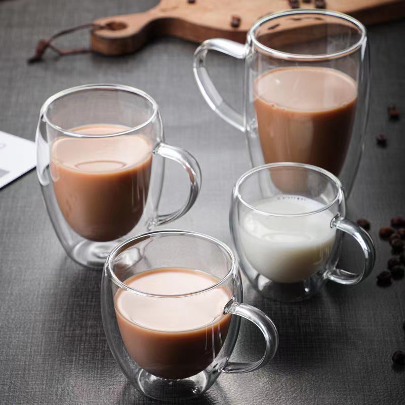 Double-layer transparent heat-insulating thickened glass transparent coffee cup with handle glass water cup, office and household egg-shaped cup details Picture