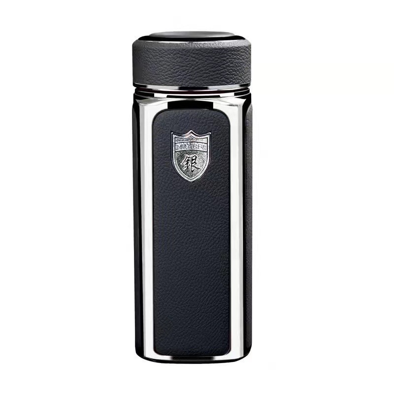 Wholesale of double-layer vacuum business gift insulated cups, men's and women's car-mounted water cups with square leather and silver inner liner Item Picture