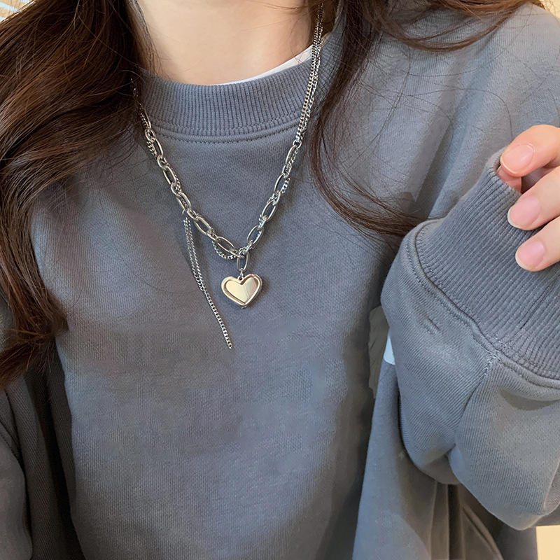 Sweet love, silver patchwork necklace, women's design sense sweater chain accessory, niche autumn hoodie chain, ins style full figure