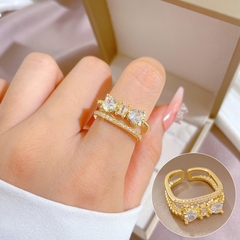【 Real Gold 】 Double-layer zircon ring with adjustable opening, simple Japanese-style jewelry, couple rings full figure