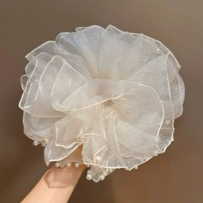 Moonlight Ripples ~ Pearl Mesh Large Intestine Hair band for Women, French high-end style, versatile gentle hair tie, Oversized headwear full figure
