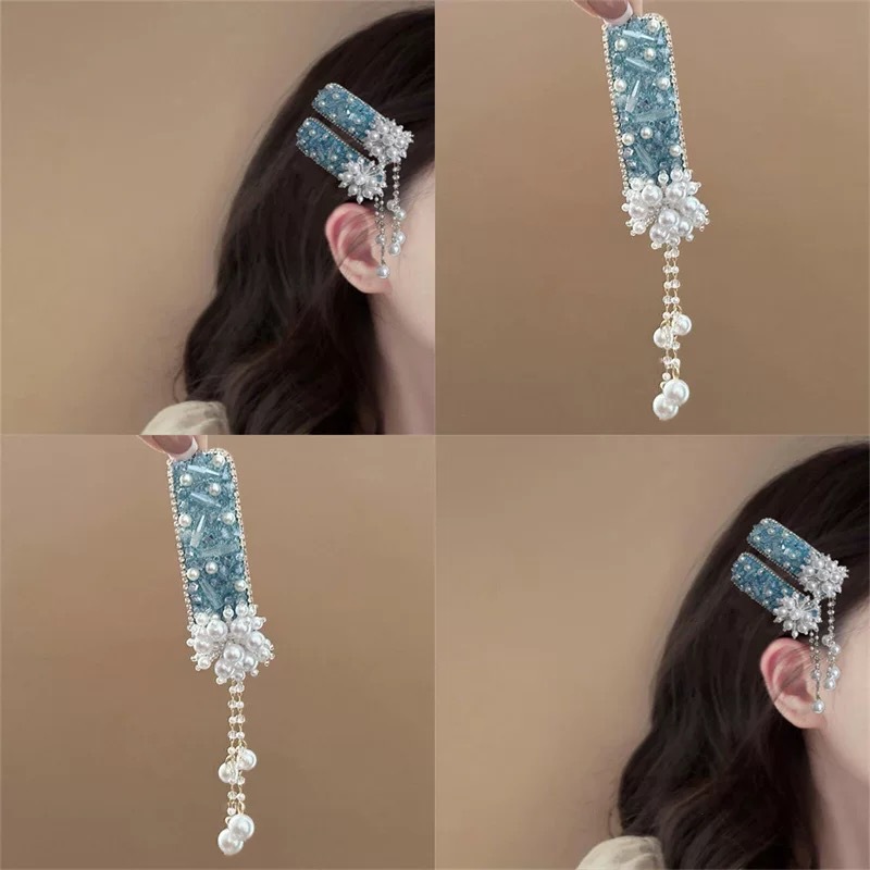 Cool blue diamond hair clips, exquisite and light luxury pearl tassel BB clips, high-end forehead bangs clips, headwear for women full figure
