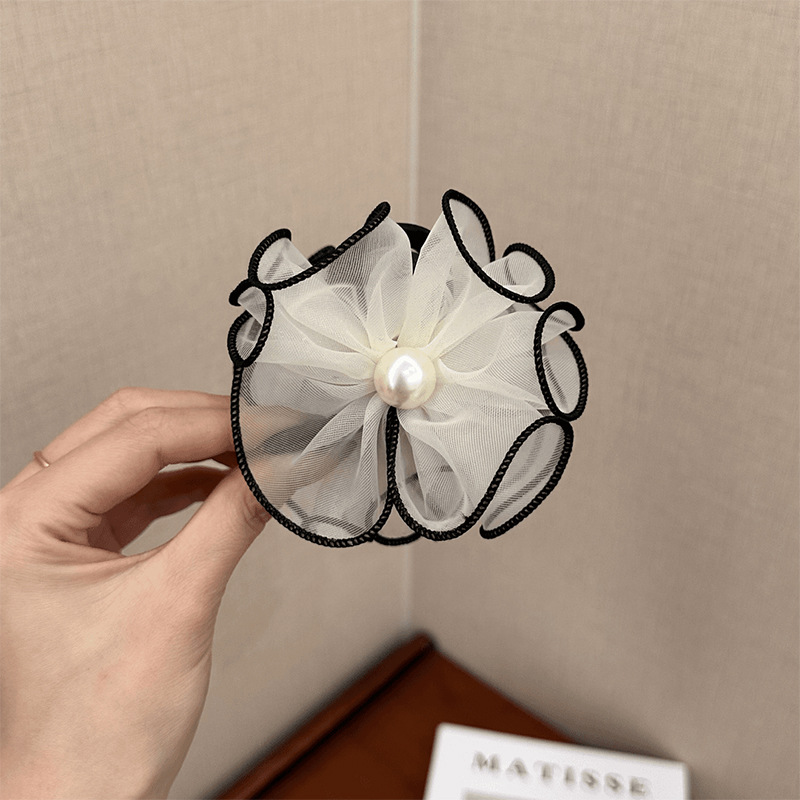 Korean-style chiffon mesh flower beaded hair clips, female Internet celebrity with less hair volume shark clips, elegant semi-tied hair clips, hair accessories Specification drawing
