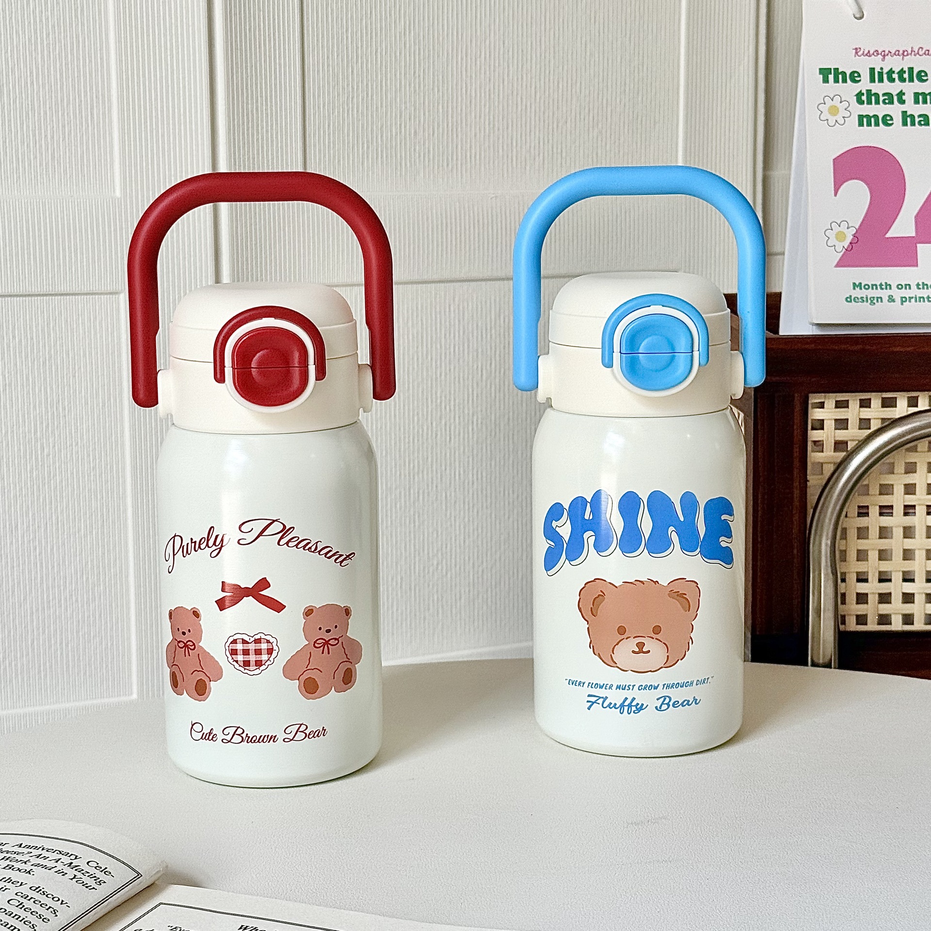 Cartoon bear insulated cups join hands to enhance the appearance level. Double-drinking straw cups, stainless steel vacuum student cups wholesale Specification drawing