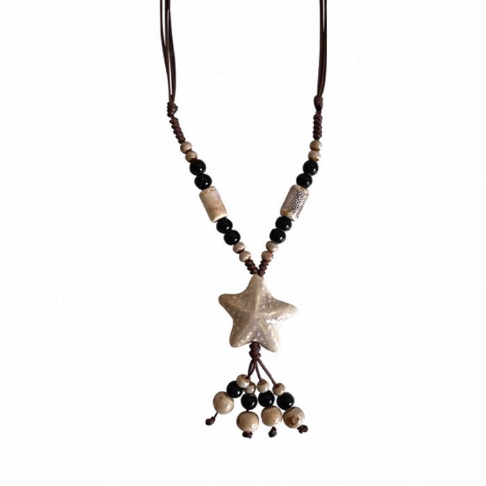 Bohemian-style ceramic starfish beaded necklace for women, retro ethnic style seaside vacation woven rope long accessory Item Picture