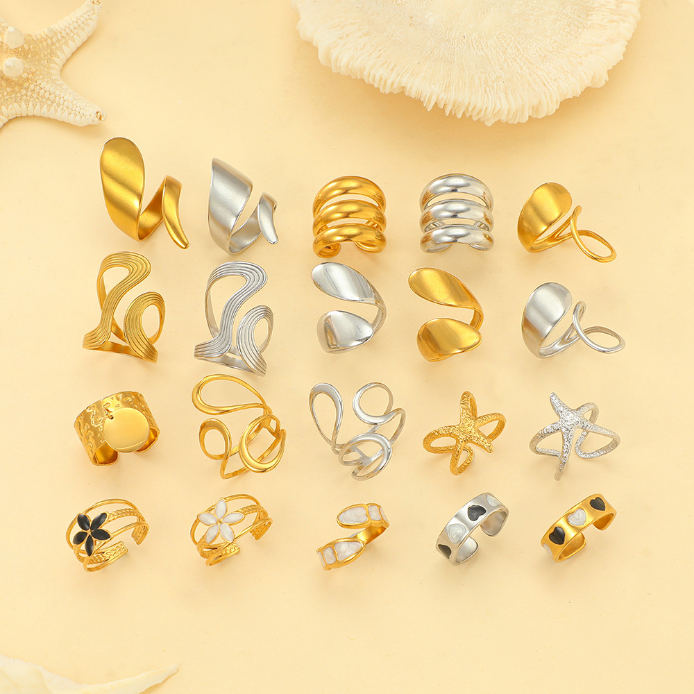 Cross-border jewelry, personalized and creative geometric stainless steel ring, women's funny and exaggerated line open oil drip ring set details Picture