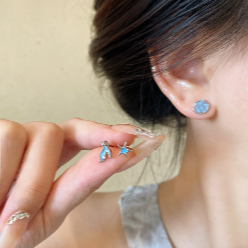 S925 Silver Needle Blue Star Fish tail Stud Earrings for Women, small, exquisite and high-end style stud earrings, versatile and best-selling earrings wholesale details Picture