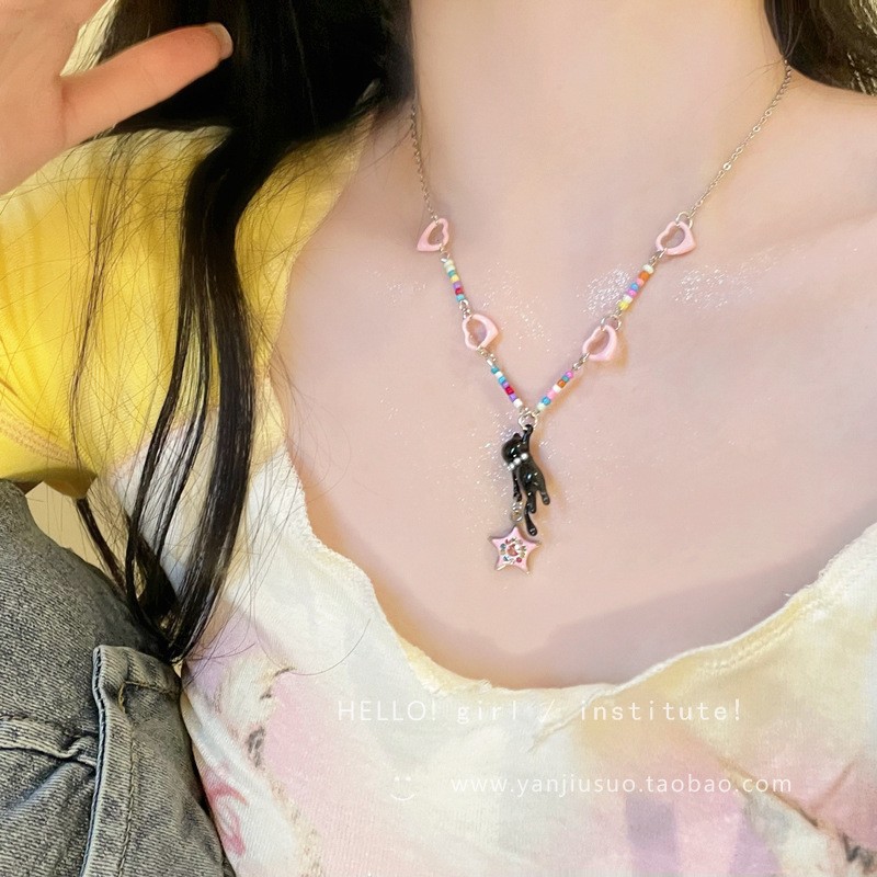 Pink bow, little cat collarbone chain, sweet and cute Korean summer accessory for women, 2024 new trendy necklace details Picture