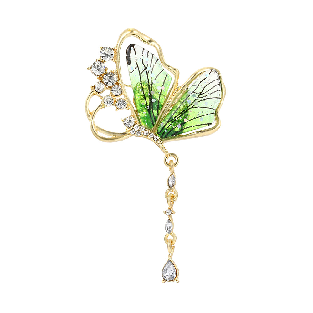 Forest-themed light luxury diamond-encrusted semi-transparent green butterfly brooch, high-end and sweet water drop fashionable and elegant brooch for women Item Picture
