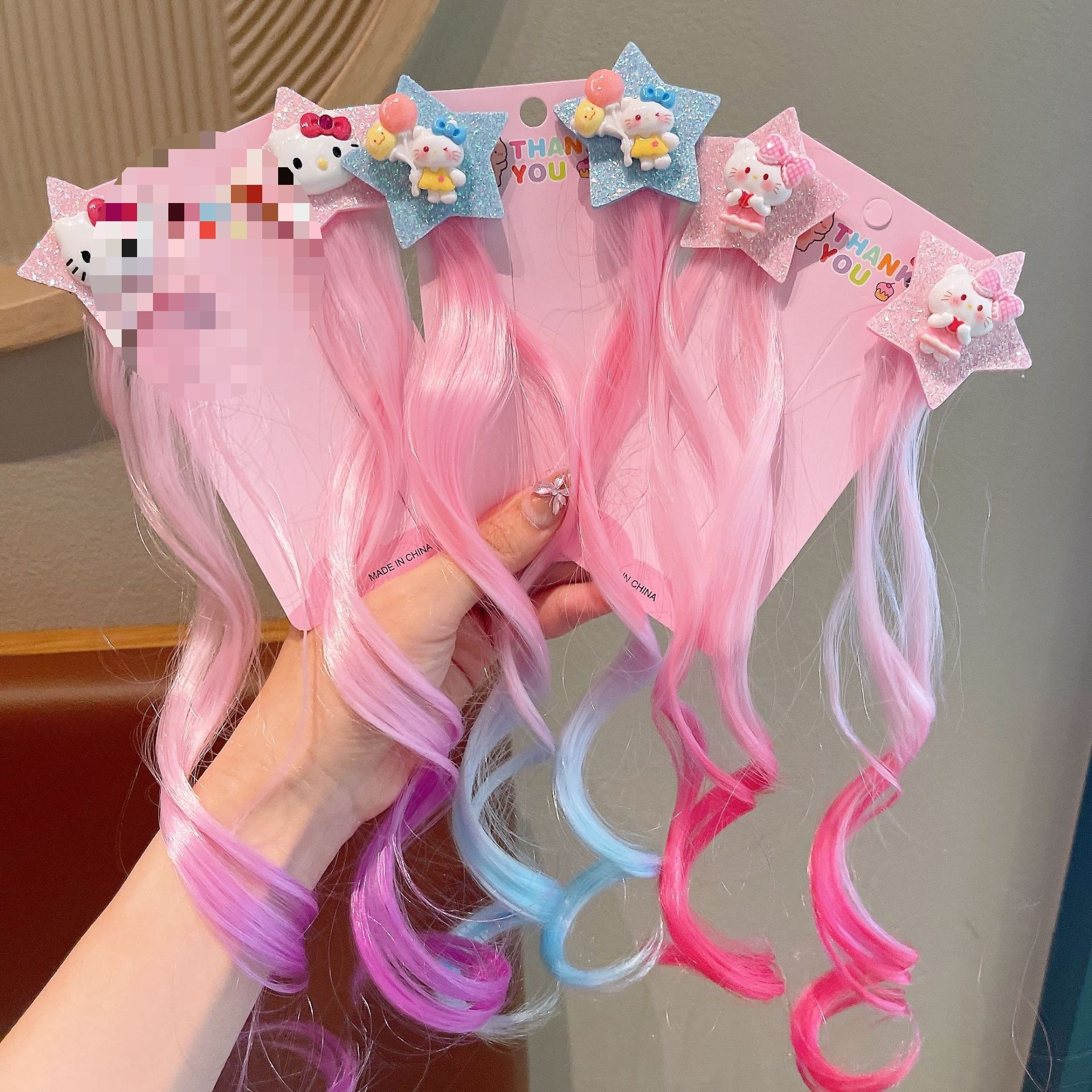 New children's hellokitty wig braids, cute cartoon five-pointed star highlighted hair clips, girls' performance hair accessories full figure