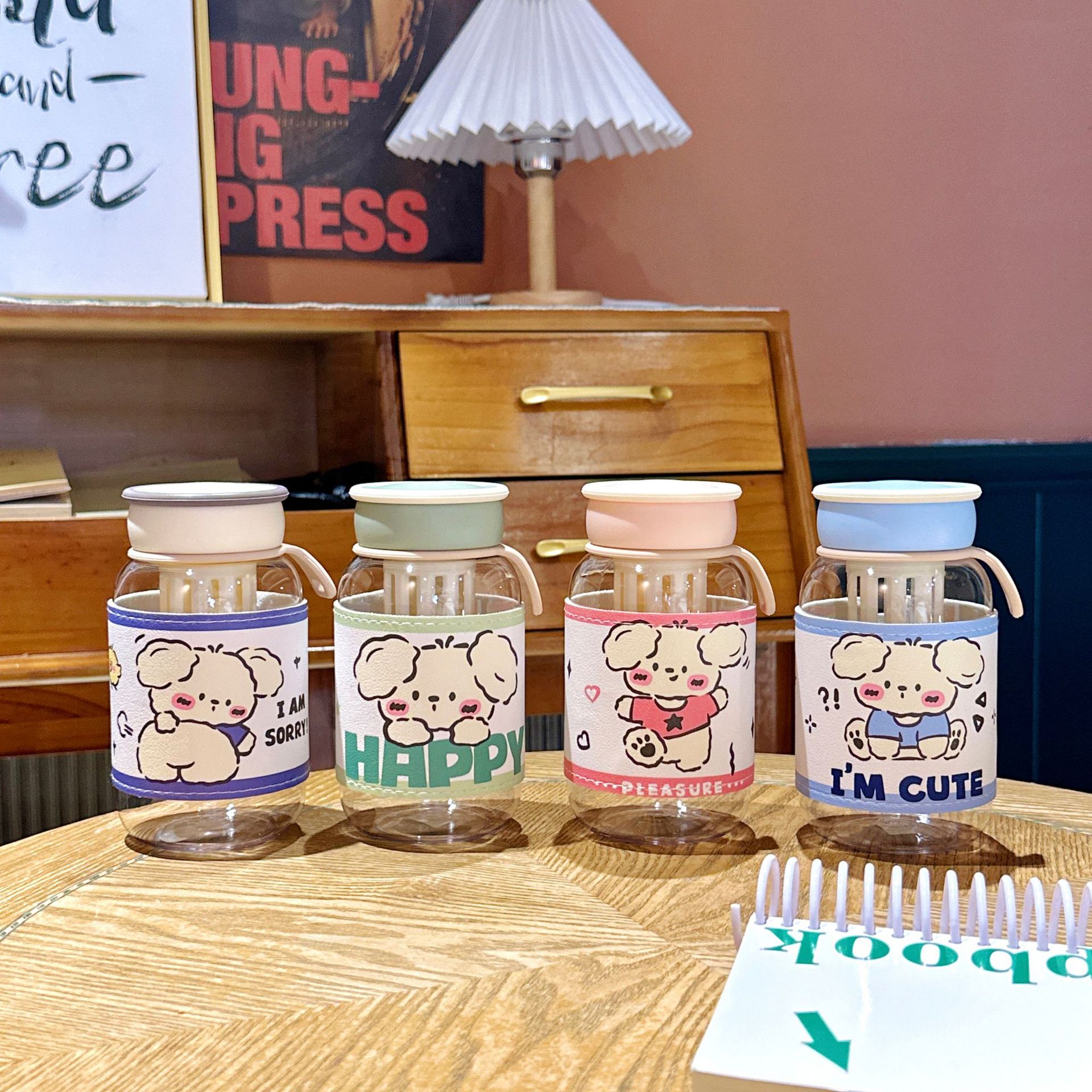 Cute flower tea cups with leather cases, small plastic cups for girls, anti-scald for students, summer direct drinking tea cups wholesale details Picture