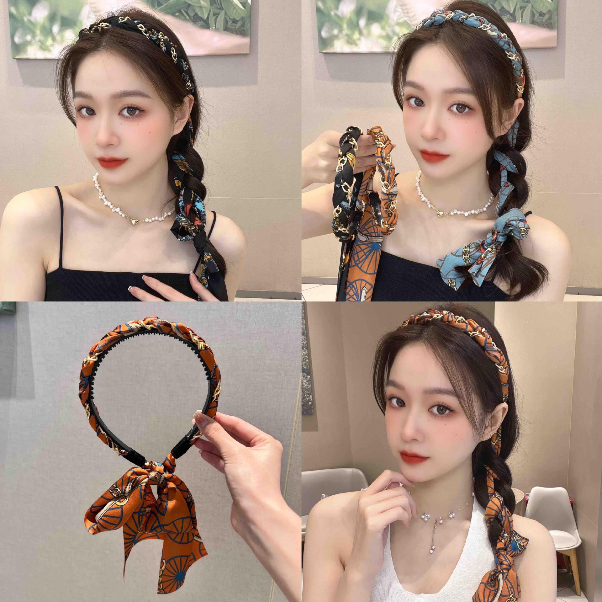 Retro chain hair bands, satin fabric hair clips, headbands, ribbon hair bands, women's hair ties, a series of braided hair accessories for summer details Picture