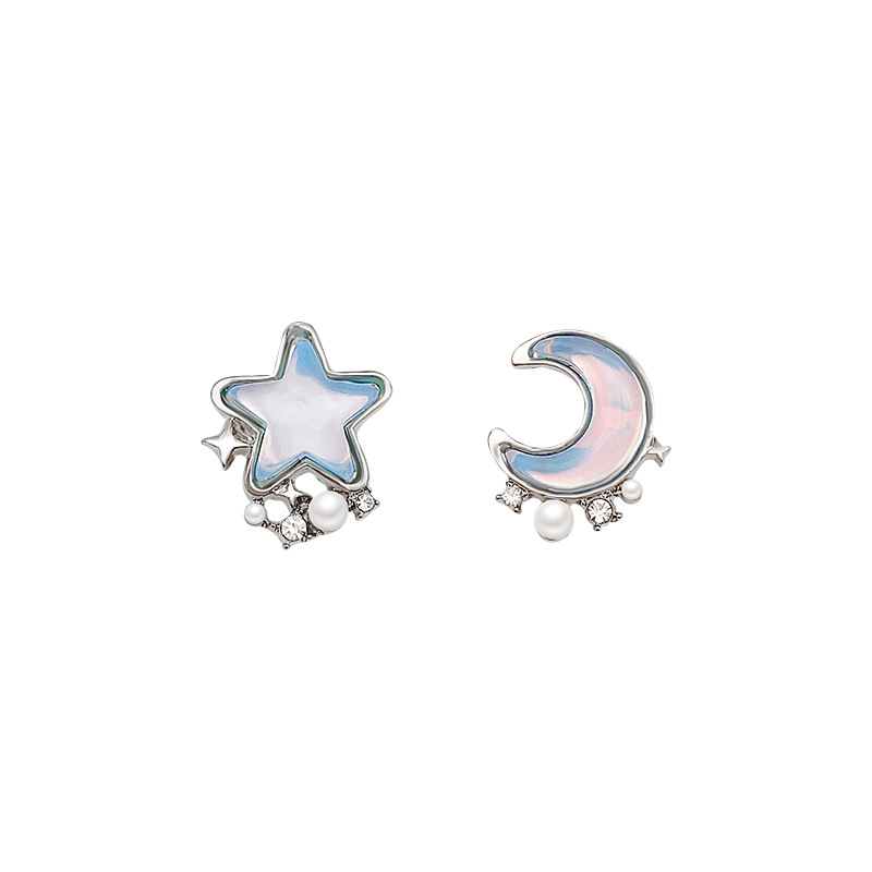 S925 Silver Needle Exquisite blue Star Moon Earrings, women's fashion, niche design, sweet pearl stud earrings wholesale Item Picture