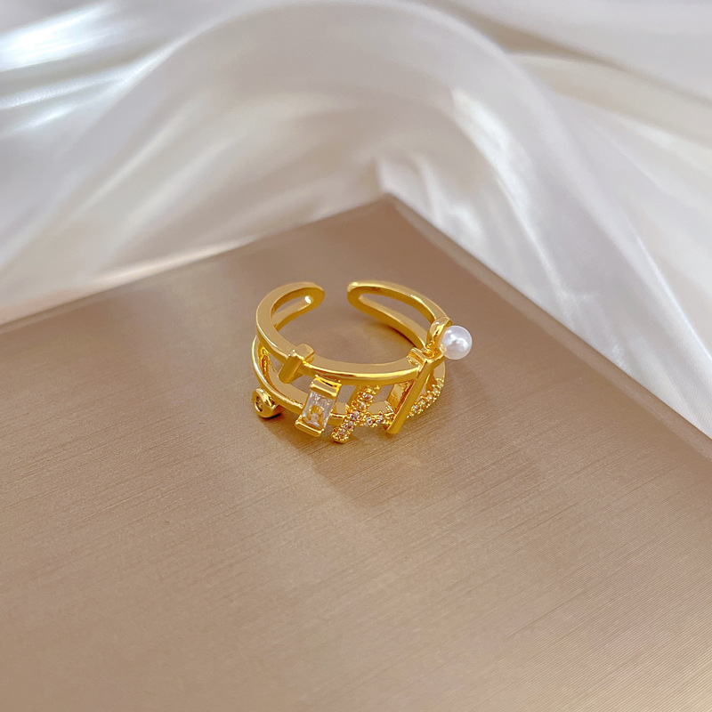 【 Real gold electroplating 】 Open pearl geometric fashion micro-inlay light luxury ring index finger ring, the same style as the Internet celebrity, cold style details Picture