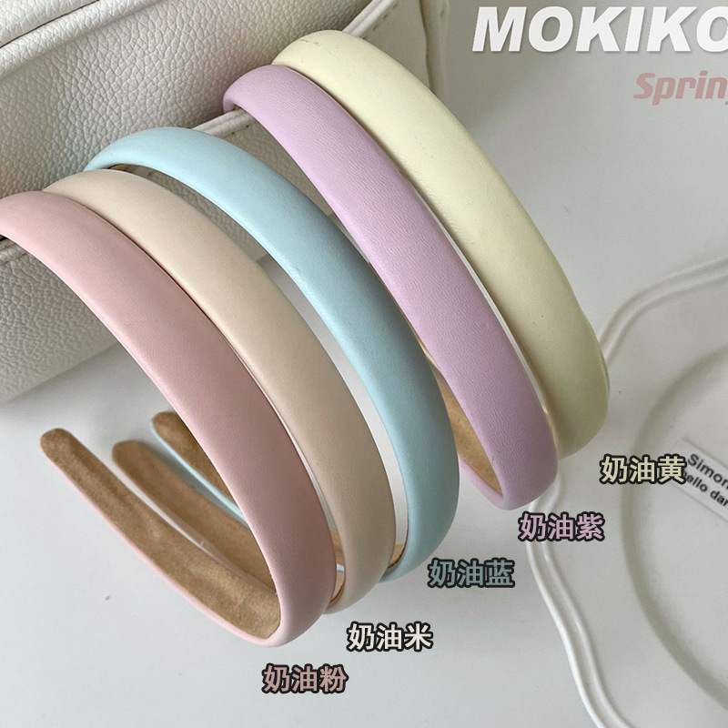 2022 Spring Cream mousse leather colored macaron Korean PU leather 1CM wide edge INS headband for girls full figure