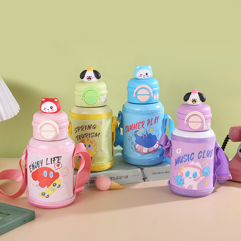 New 316 stainless steel insulated cup, cartoon cute straw, double-drinking children's water cup, large-capacity shoulder strap bouncing cup full figure