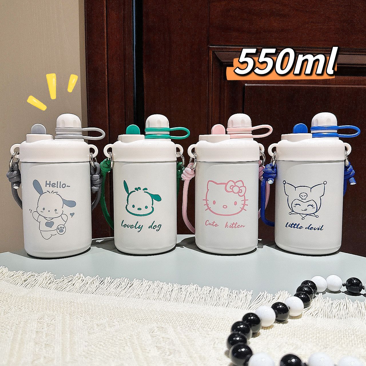 Simple cartoon insulated cup, creative and cute student double-drinking straw cup, portable hand-held stainless steel cup for girls details Picture
