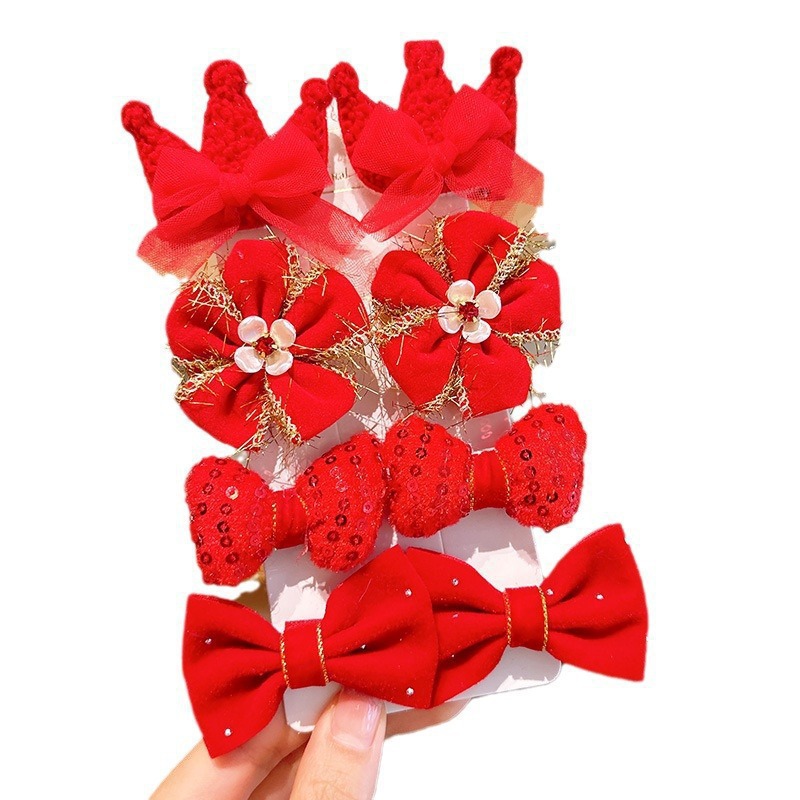 Children's red New Year hair accessories, girls' New Year hair clips, baby ancient-style bow hair clips, Chinese-style Hanfu headwear Item Picture
