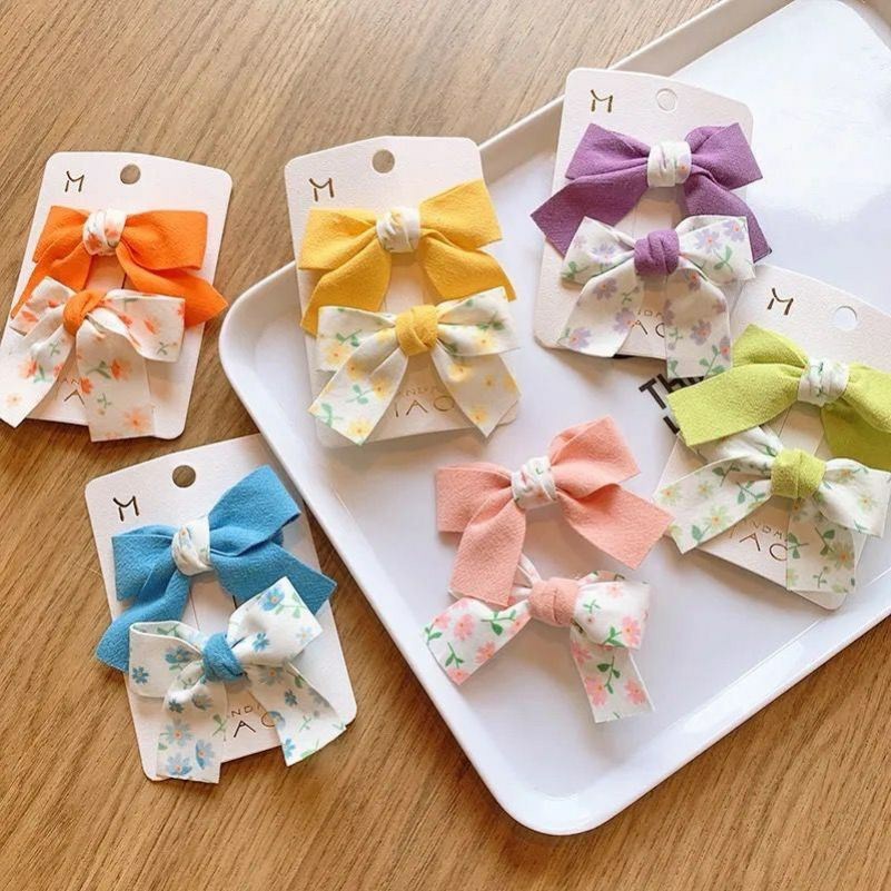 2-piece set of children's floral bow hair clips, Korean-style broken hair for kids with bangs and duckbill clips for girls, cute side clips for girls details Picture