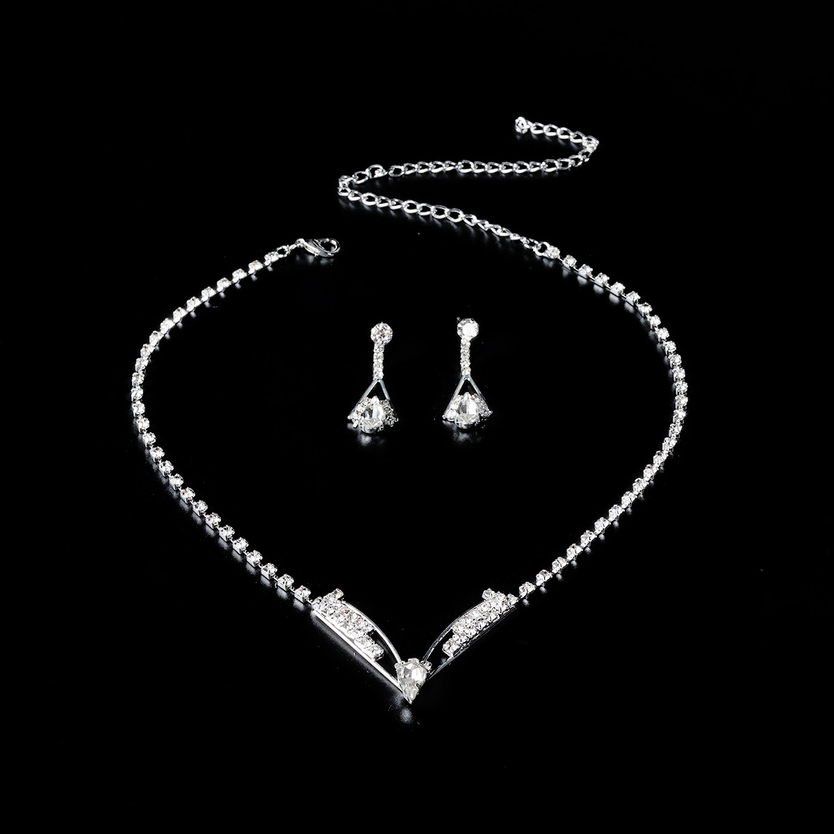 Cross-border bestseller fashion Full diamond water drop necklace and earring set, classic bride accessory two-piece set N5842 details Picture