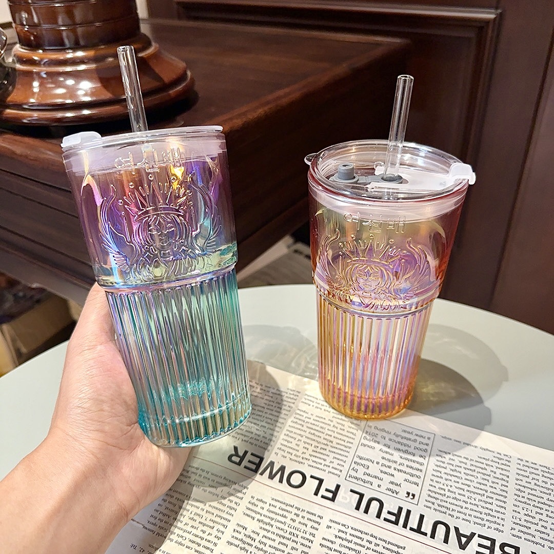 Gradient color thickened glass cup, high appearance level, colorful girls' straw cup, desktop home double-drinking goddess relief water cup details Picture