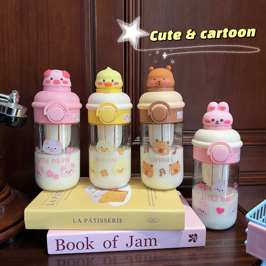 Cute Capibara water cup, high appearance level cartoon student double-drinking straw cup, portable tea-making anti-drop plastic cup details Picture