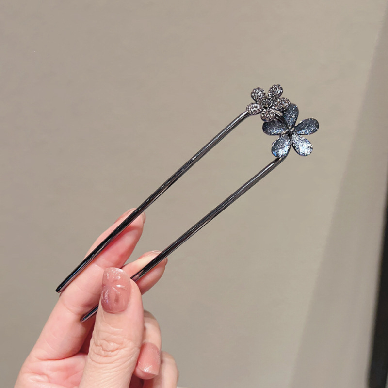 High-end U-shaped hairpin for women, new Chinese-style ancient-style glass flower updo hairpin, exquisite cheongsam hairpin headwear details Picture