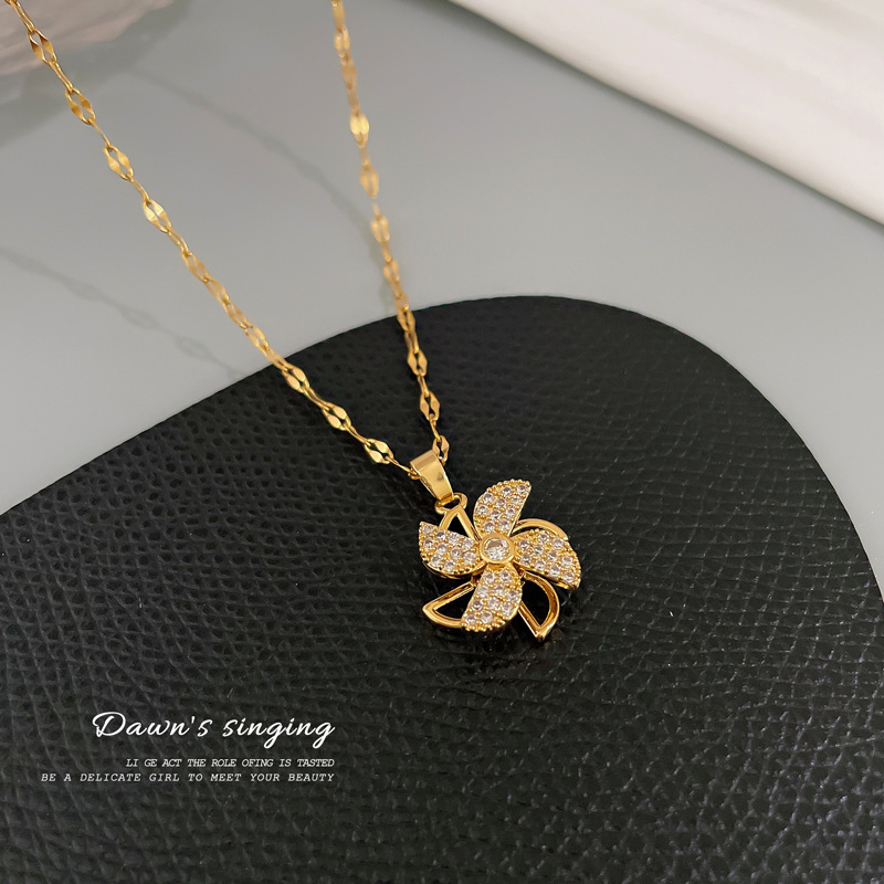 【 Titanium Steel 】 Rotating windmill perforated full diamond, light luxury and elegant, full diamond necklace, versatile for women, collarbone chain, titanium steel details Picture