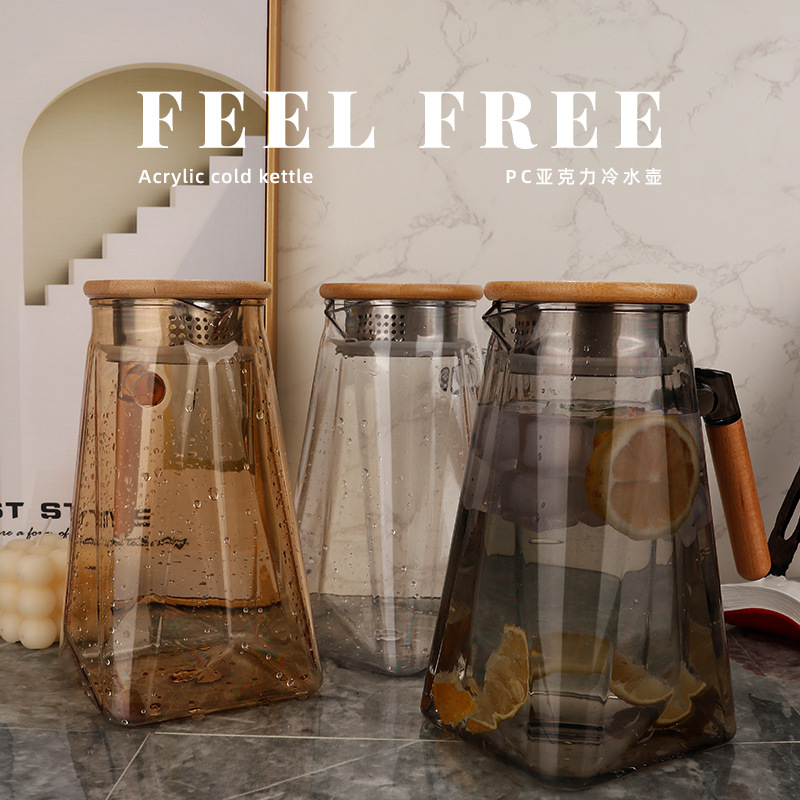 Acrylic cold water kettle, commercial restaurant, hotel, ktv special teapot, plastic pc tied pot, juice and beverage wooden handle full figure