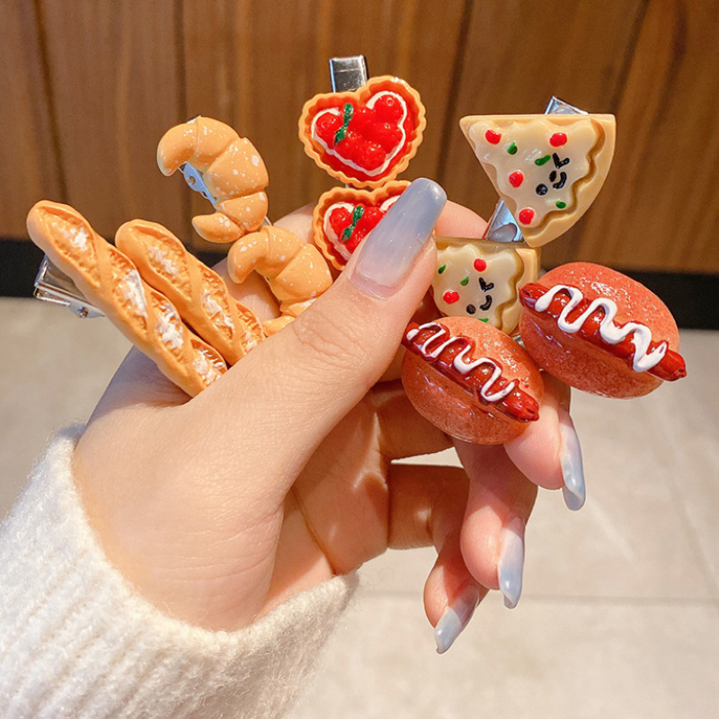 Funny food hair clips, hairpins, headwear, cute duckbill clips, side bangs, pizza, hot dog bread, Internet celebrity hair clips details Picture