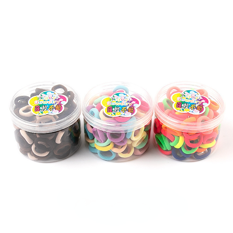 Wholesale of 100 pieces per can of new Korean-style children's hair accessories, high-elasticity towel bands, seamless small, candy-colored hair bands Application Scenario