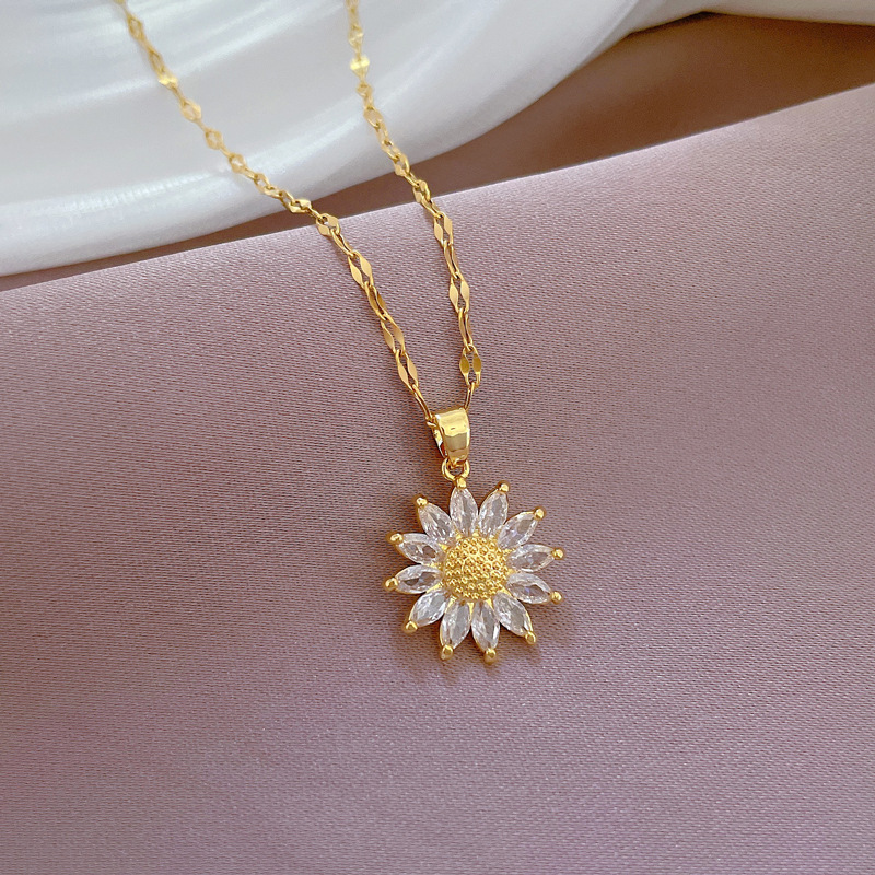 【 Titanium Steel 】 Luxurious sunflower flower, the same style as the Internet celebrity, full zirconium necklace, women's fashion trend collarbone chain manufacturer Specification drawing
