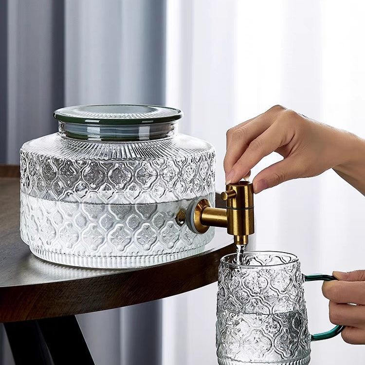 Hibiscus glass refrigerator, cold water bottle with faucet, summer cold-resistant fruit tea bucket, high-temperature resistant ice juice beverage bucket details Picture