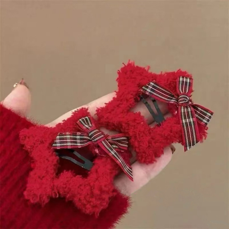 New Year's red plush star hair clips, bow bangs, BB clips, side hair clips, hairpins, Christmas headwear, hair accessories Specification drawing