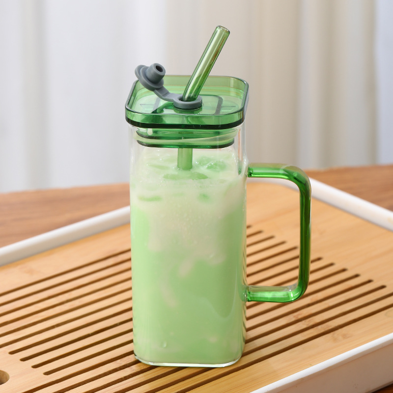 High borosilicate glass water cup, high-temperature resistant household straw, juice and milk cup, square glass cup with handle Specification drawing